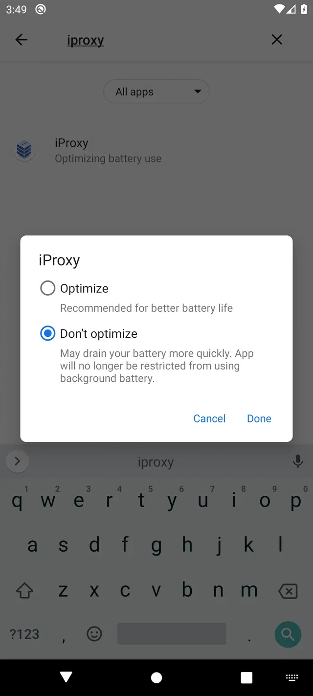 Dialog Optimize / Don't optimize Android 10 dengan Don't optimize terpilih