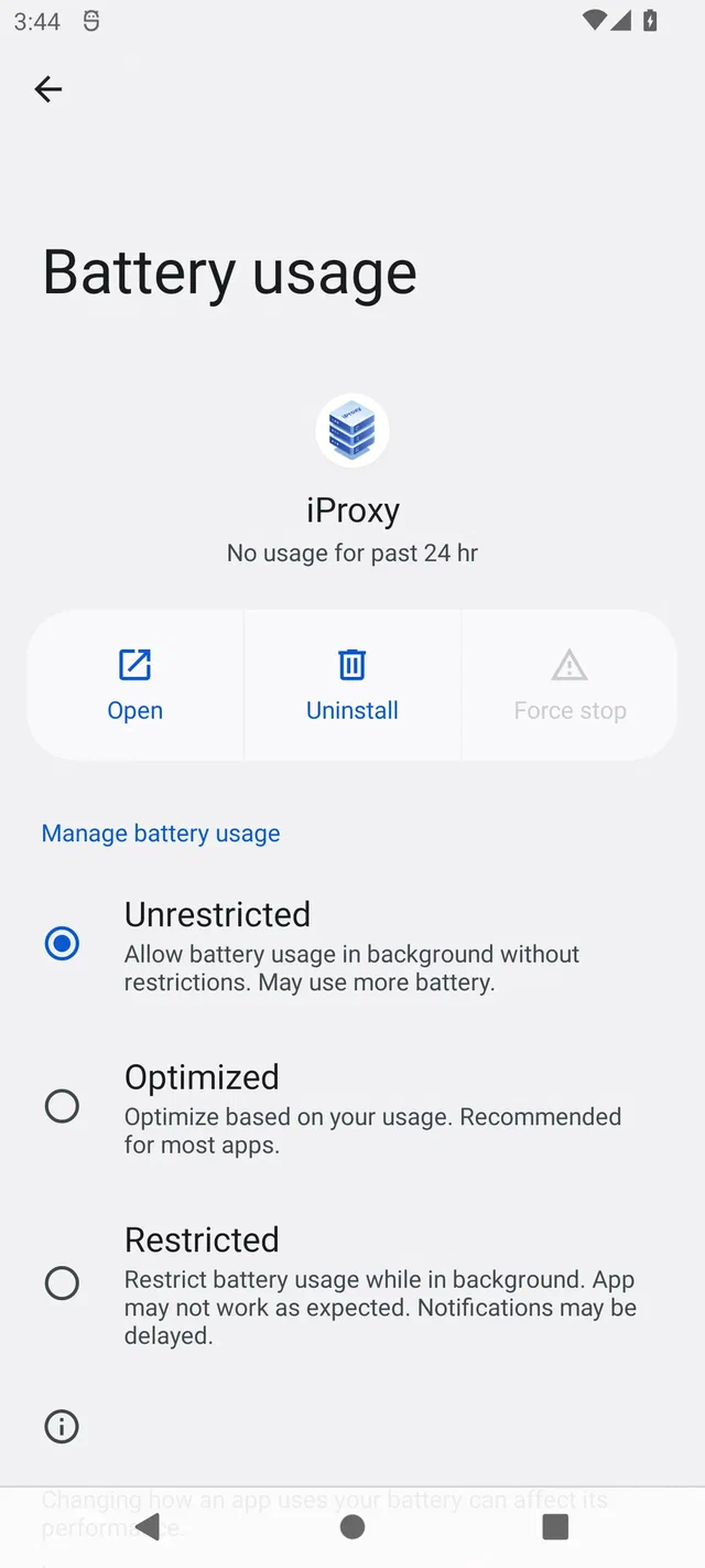 Layar Battery Android 12 dengan Unrestricted terpilih