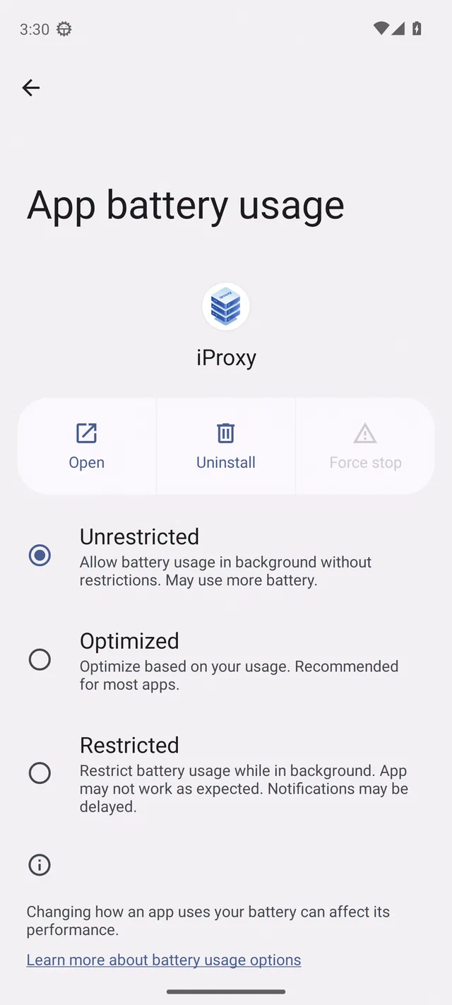 App battery usage Android 13 dengan Unrestricted terpilih