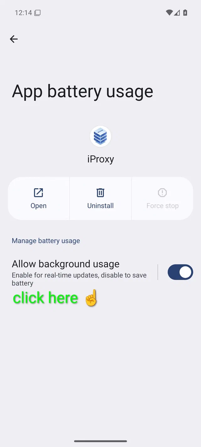 Target ketukan pada Android 15: label baris "Allow background usage", bukan toggle