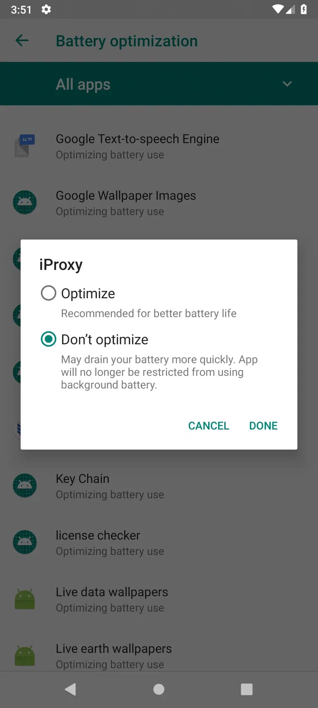 Dialog Optimize / Don't optimize Android 9 dengan Don't optimize terpilih