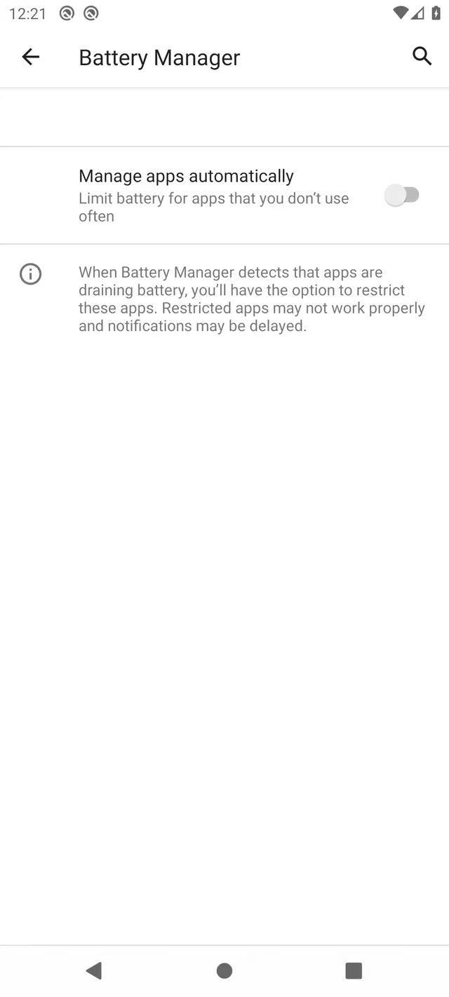 Halaman Battery Manager Android 10 dengan Manage apps automatically dalam posisi off