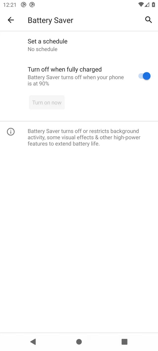 Halaman Battery Saver Android 10 dengan Use Battery Saver off, tanpa jadwal, dan Turn off when fully charged aktif