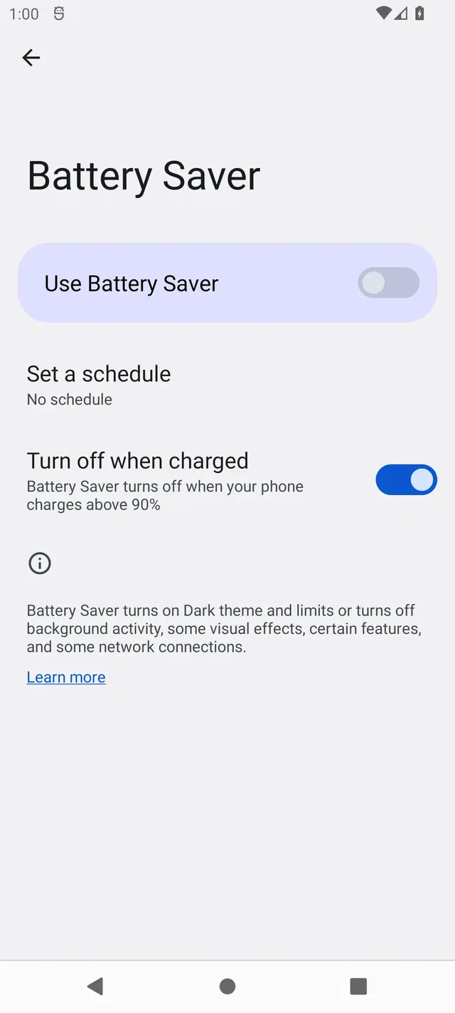 Halaman Battery Saver Android 12 dengan Use Battery Saver off dan tanpa jadwal