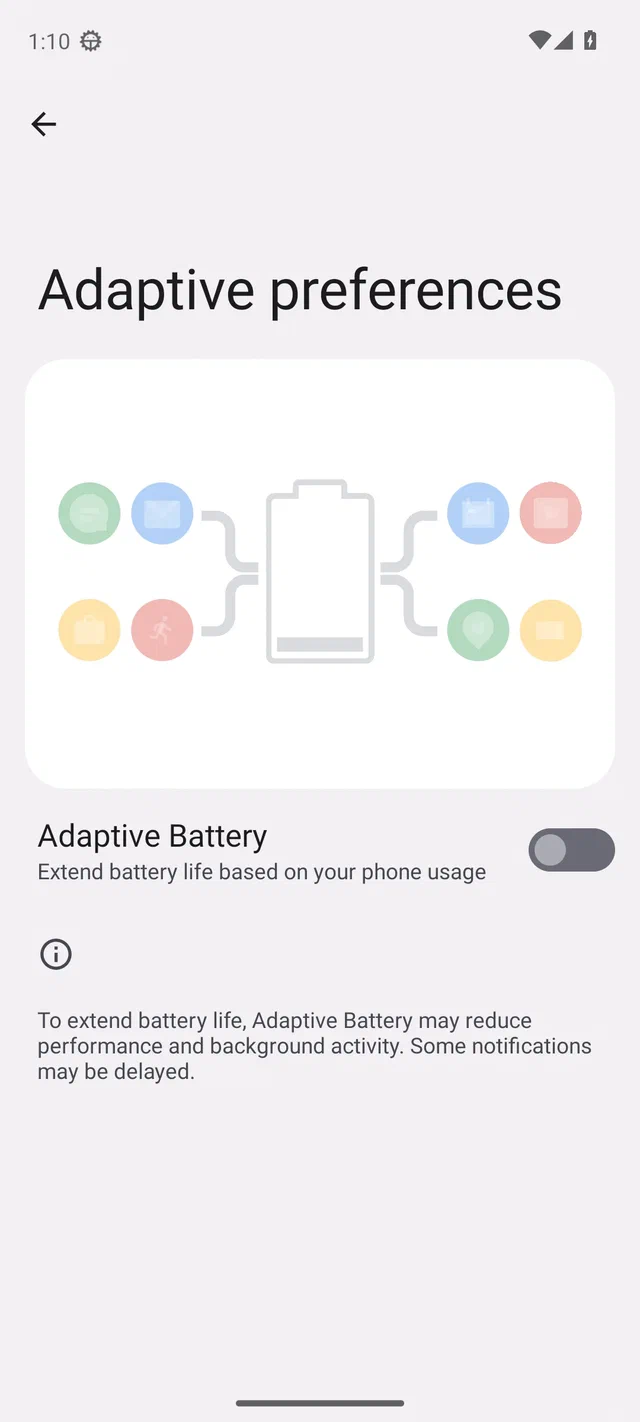 Halaman Adaptive preferences Android 13 dengan Adaptive Battery dalam posisi off