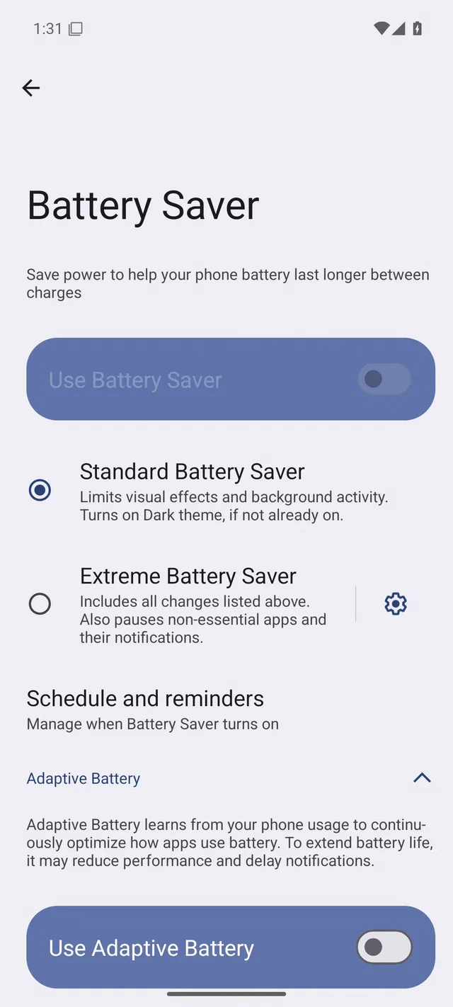 Halaman Battery Saver Android 15 dengan Use Battery Saver off dan bagian Adaptive Battery diperluas memperlihatkan Use Adaptive Battery off