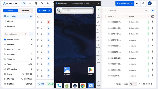 Dashboard Multilogin dengan tab Mobile dan Browser di samping cloud phone Android