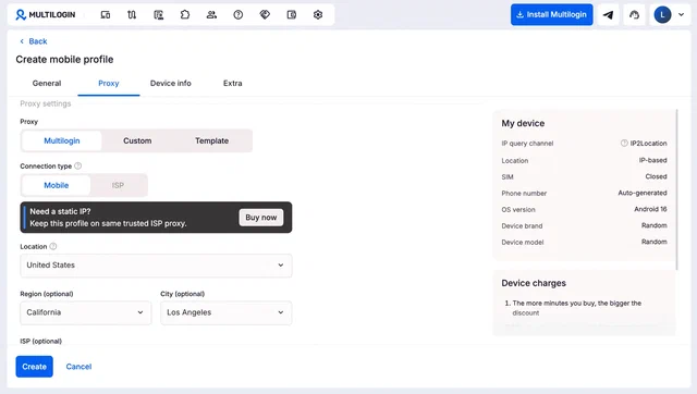 Layar pembuatan profil mobile Multilogin dengan pilihan proxy bawaan dan kustom